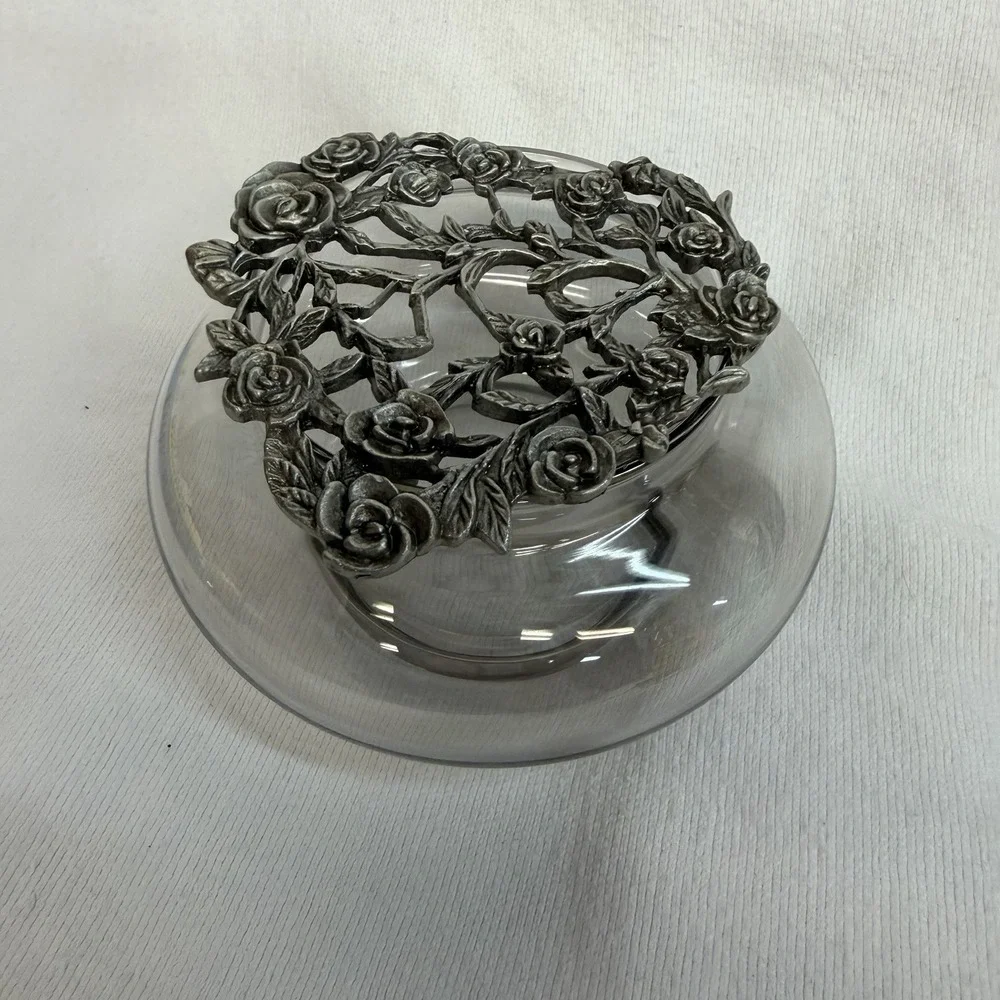 Vintage Pewter & Glass Trinket Potpourri Dish With 3D Roses & Leaves